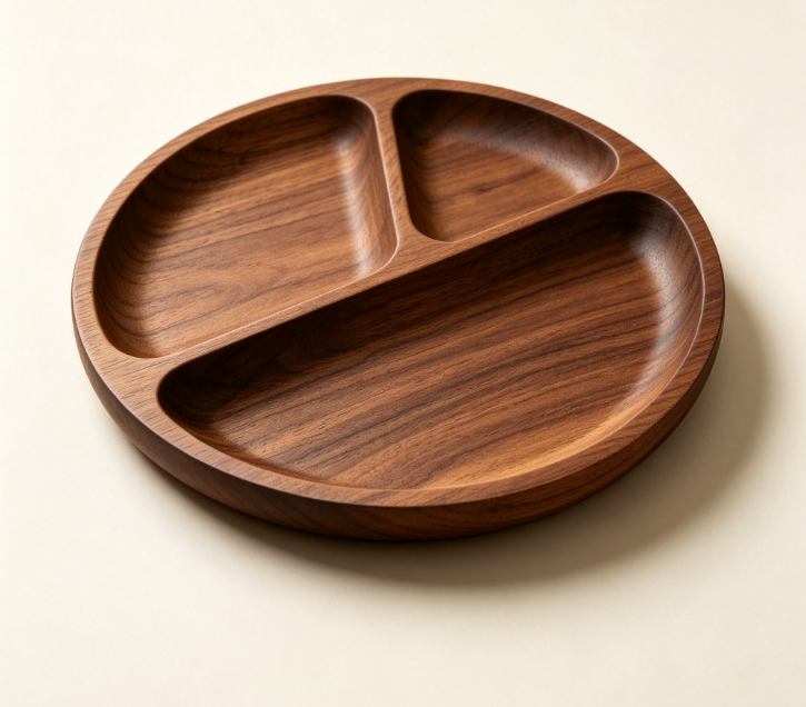 Solid Walnut Wood Split Serving Tray, Round 2‑Section Food Storage Dish