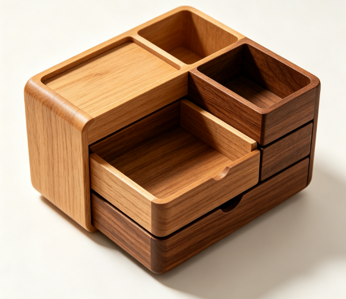 Mixed‑Wood Multi‑Drawer Desktop Organizer, Multi‑Compartment Wooden Storage Box for Office Desk