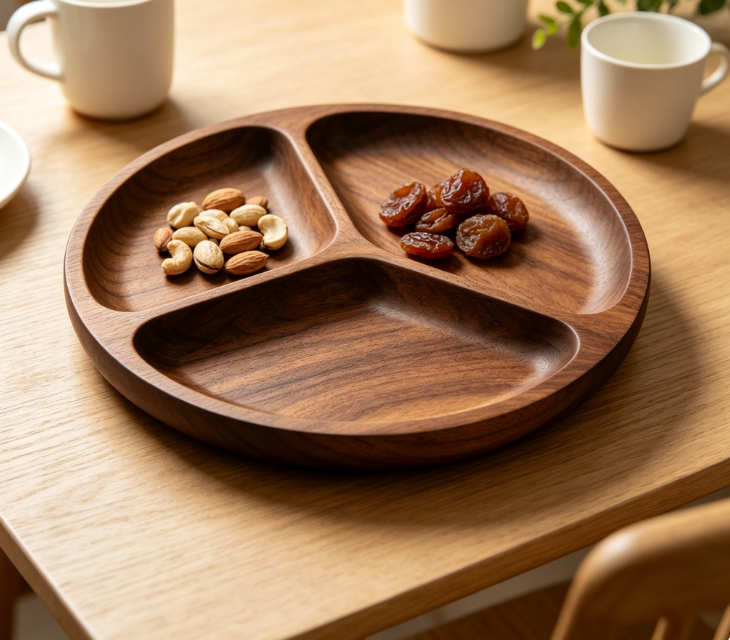 Solid Walnut Wood Split Serving Tray, Round 2‑Section Food Storage Dish