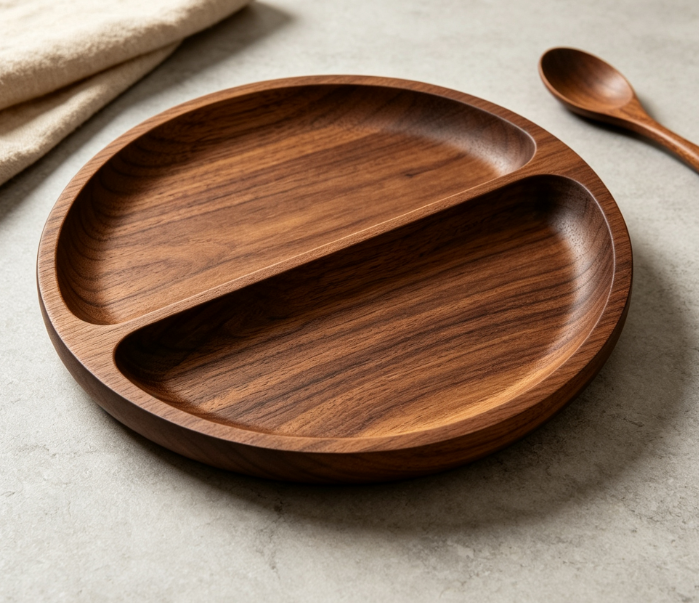 Solid Walnut Wood Split Serving Tray, Round 2‑Section Food Storage Dish