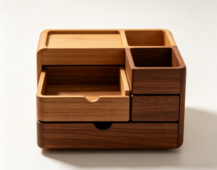 Mixed‑Wood Multi‑Drawer Desktop Organizer, Multi‑Compartment Wooden Storage Box for Office Desk