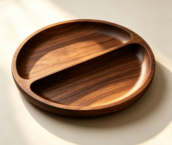 Solid Walnut Wood Split Serving Tray, Round 2‑Section Food Storage Dish